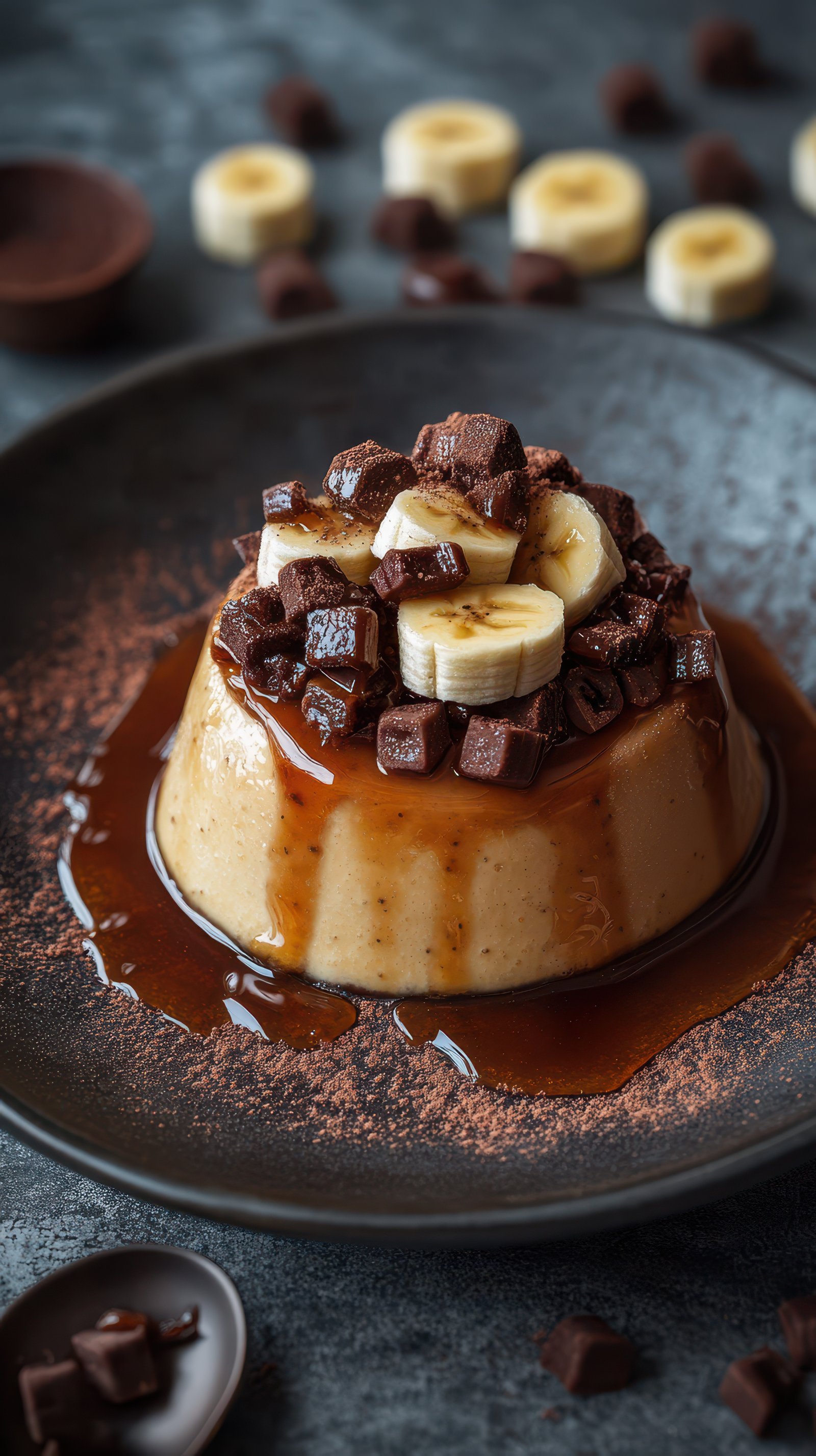 Homemade banana pudding topped with chocolate chunks served on a dark plate in a cozy kitchen setting